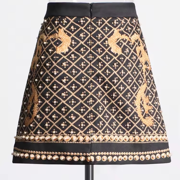 Colorblock Printing Mini Skirt For Women High Waist Patchwork Pearls Elegant - Picture 7 of 7